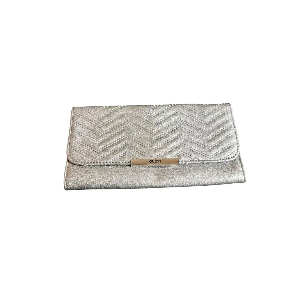 Guess Cleopatra Chevron Quilted Metallic Silver Evening Clutch Wallet Bag